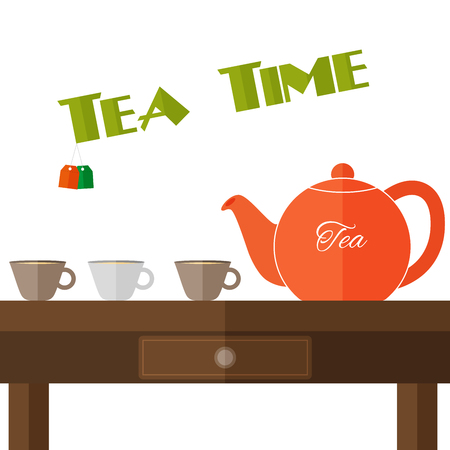Fully vector flat teapot illustration with set of cups in colors on the wooden tableのイラスト素材