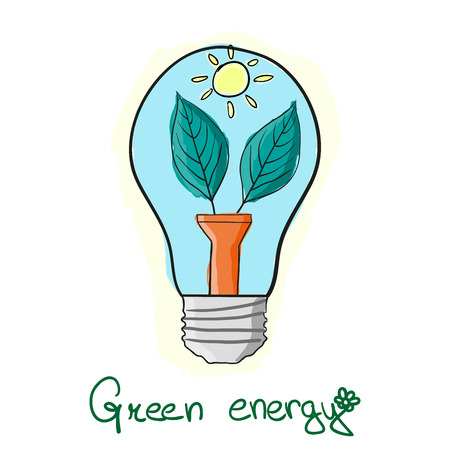 stylized "Green energy" lightbulb with leaves and sunのイラスト素材