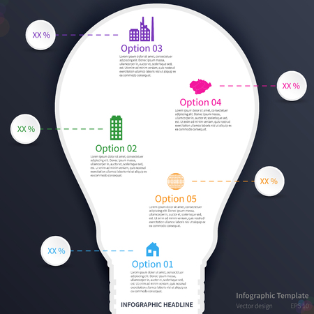Infographic template with lightbulb, energetic design, various icons, dark backgroundのイラスト素材