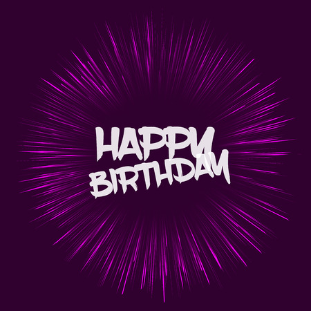 Fully birthday card. Birthday card with purple fireworks effect. Card with transparent Happy Birthday text. Template for various use, such as birthday card, postgard, giftag, wallpaper etc.のイラスト素材