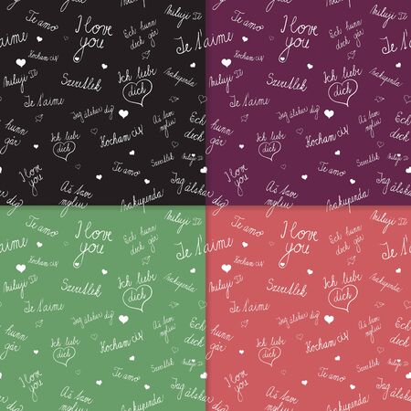 Vector set of Seamless patterns with I love you text in various languages. Four romantic patterns on background with various colors. Desaturated background colors. Love patterns for various use.のイラスト素材
