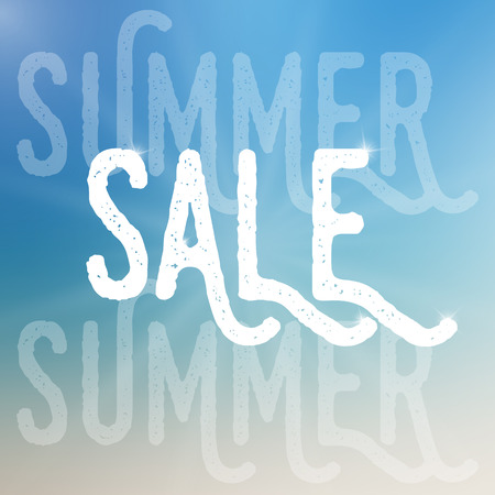 Vector summer sale template. Summer sale template on blurred colorful background.Template with text with different size and transparency. Sale text with sparkles. Sale card template for various use.のイラスト素材