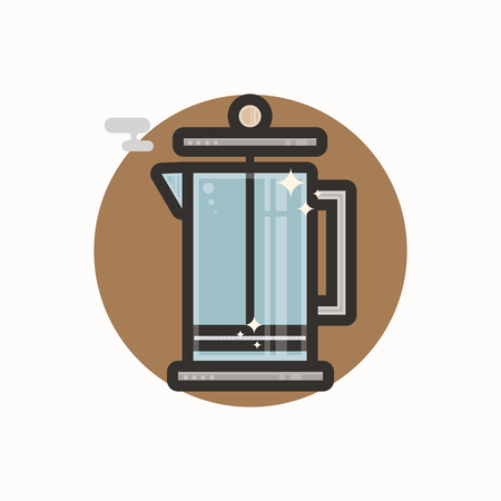 Vector icon of french press. Icon is in lineart style. Symbol on brown circular background.のイラスト素材