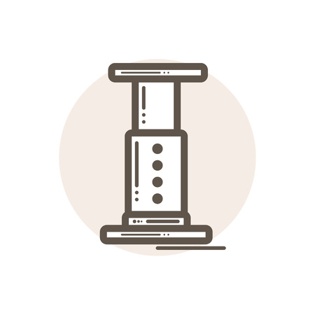 Vector icon of aeropress. Icon is in simple lineart style without coloring. Symbol on brown circular background.のイラスト素材