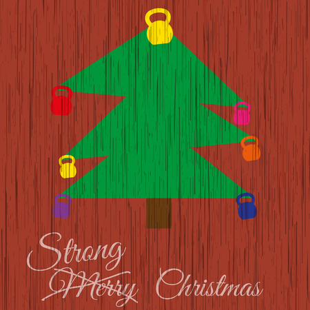 Vector strong Christmas card. Stylized illustration witch christmas tree with kettlebells on wooden background. Strikethrough text "Merry" is replaced by the "strong".のイラスト素材