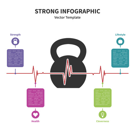 Vector infographic colorful template. Concept with kettlebell stylized element and healthy lifestyle icons on the white background.のイラスト素材