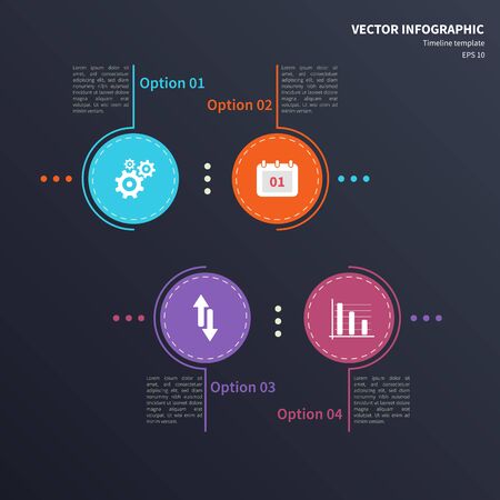 Vector infographic template with circular elements and business icons. Modern stylized commercial concept on the dark background.のイラスト素材