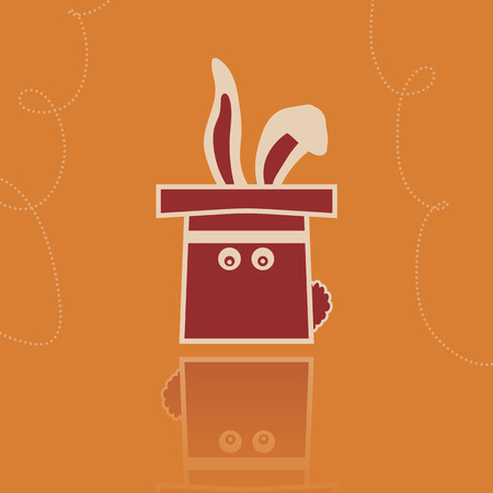 Vector rabbit in the hat illustration. Hat with holes for eyes. Flat image in vintage style on the orange background.のイラスト素材
