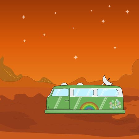 Vector hovercraft van on a foreign planet illustration. Flat image of the fantasy journey on the Mars.のイラスト素材