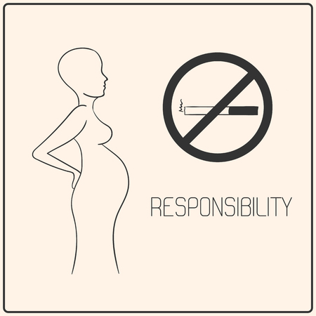 Vector illustration of pregnant woman with No Smoking pictogram. Flat lineart image.のイラスト素材