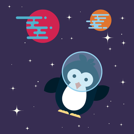 Vector penguin character stylized as an astronaut in the space. Modern flat illustration.のイラスト素材