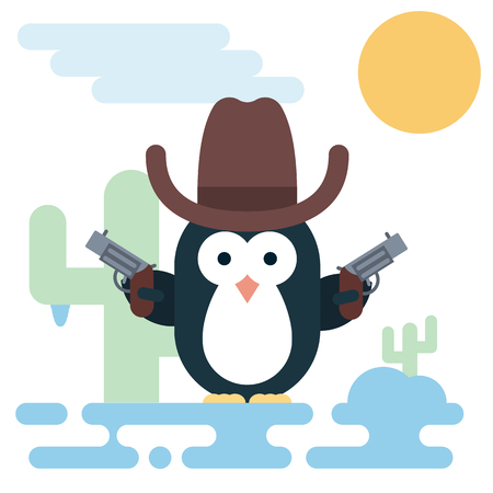 Vector penguin character stylized as a cowboy with revolvers and hat. Modern flat illustration.のイラスト素材