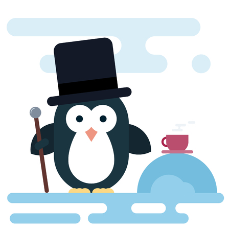 Vector penguin character stylized as a gentleman with walking stick and cup of tea. Modern flat illustration.のイラスト素材