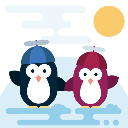 Vector penguins characters stylized as a children with the propeller hats. Modern flat illustration.のイラスト素材