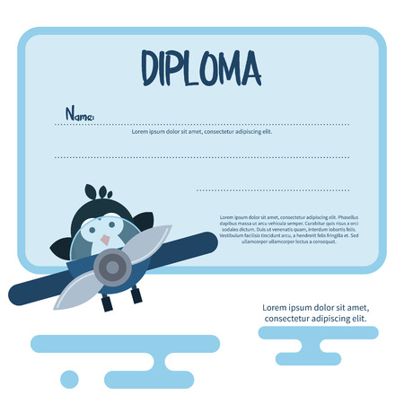 Vector Flat template of diploma decorated with penguin in the airplane. Modern flat illustration.のイラスト素材