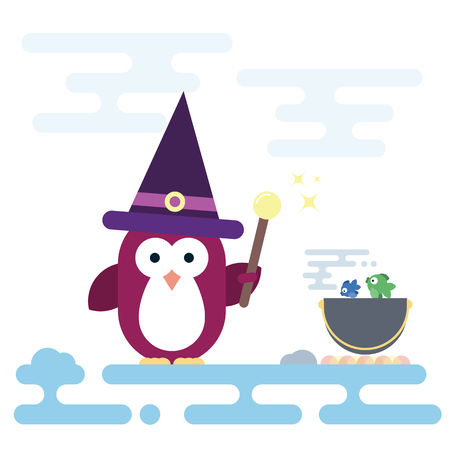 Vector flat penguin character stylized as witch with magic stick and with pot. Modern flat illustration.のイラスト素材