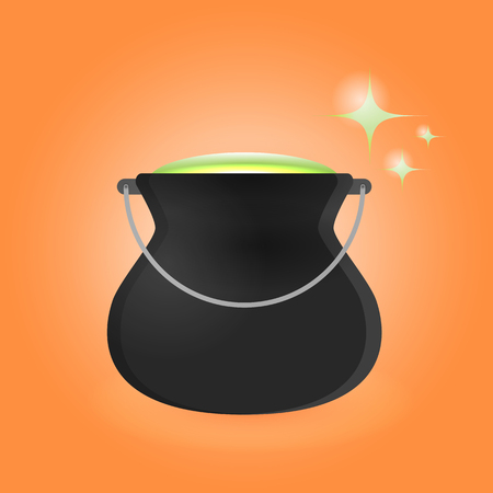 Illustration of glowing witchcraft cauldron. Template of Hallowen card cover.のイラスト素材