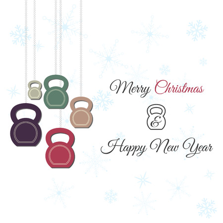 Vector Christmas and New Year greeting Card. Template with ketllebells stylized like christmas decorations. Background with low opacity snowflakes.のイラスト素材