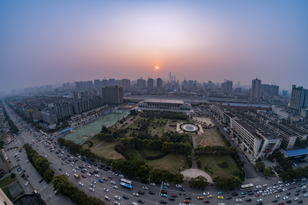 Hunan Changsha Railway Station panoramic view of the city sunsetのeditorial素材