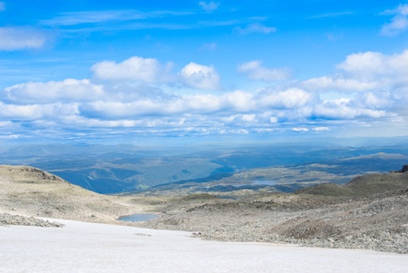 blue sky and white clouds over rocky landscape in Norway 