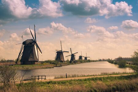 Kinderdjik in Netherlands, UNESCO heritage sepia toneの写真素材