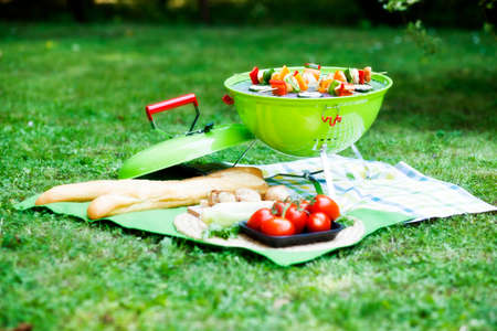 barbecue skewers and grilled vegetablesの写真素材