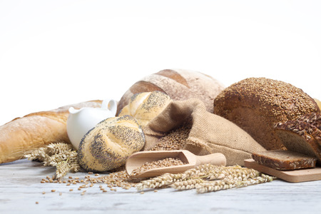 Freshly baked bread on wooden vintage tableの写真素材