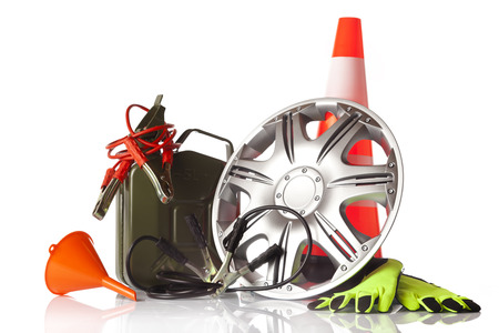 car accessories with fuel can and traffic cone on whiteの写真素材