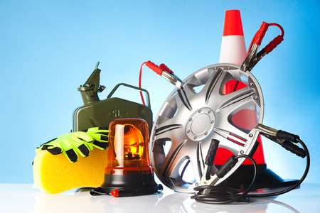 car accessories with fuel can and traffic coneの写真素材
