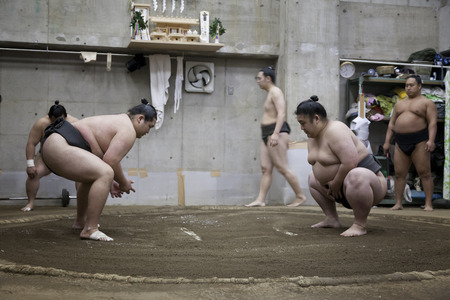 TOKYO, JAPAN - May 18, 2016: Japanese sumo wrestler training in Their stall in Tokyo on May 18. 2016のeditorial素材