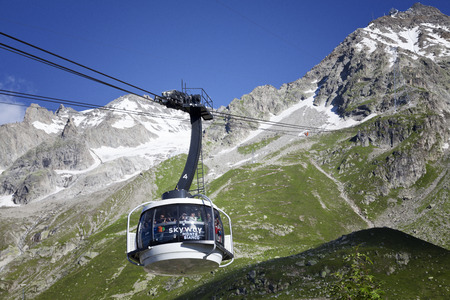 COURMAYEUR, IT - JULY 29, 2016: Cabin of new cableway SKYWAY MONTE BIANCO on the Italian side of Mont Blanc, Start from Entreves to Punta Helbronner at 3466 mt, in Aosta Valley region of Italy.のeditorial素材