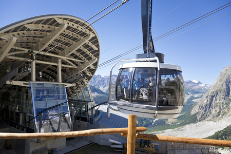COURMAYEUR, IT - JULY 29, 2016: Cabin of new cableway SKYWAY MONTE BIANCO on the Italian side of Mont Blanc, Start from Entreves to Punta Helbronner at 3466 mt, in Aosta Valley region of Italy.のeditorial素材