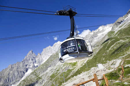 COURMAYEUR, IT - JULY 29, 2016: Cabin of new cableway SKYWAY MONTE BIANCO on the Italian side of Mont Blanc, Start from Entreves to Punta Helbronner at 3466 mt, in Aosta Valley region of Italy.のeditorial素材