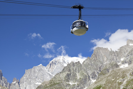 COURMAYEUR, IT - JULY 29, 2016: Cabin of new cableway SKYWAY MONTE BIANCO on the Italian side of Mont Blanc, Start from Entreves to Punta Helbronner at 3466 mt, in Aosta Valley region of Italy.の写真素材