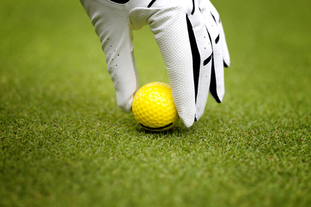 Man's hand in a white glove putting a golf ball in a golf courseの写真素材