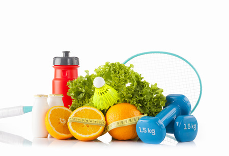 Sports and fitness equipment with eco food. Diet and healthy lifestyle.の写真素材