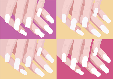 set of four color nail design and art with manicure fingers illustration with pink violet and yellow backgroungのイラスト素材