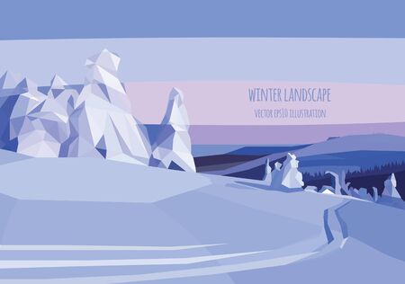 vector landscape illustration with snow trees and fieldのイラスト素材