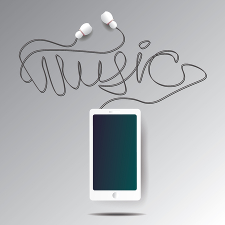 realistic vector smartphone and headphones illustration with word music made from wireのイラスト素材