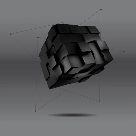 vector illustration of 3d black cube with lines and dots hanging . Abstract background for your designのイラスト素材