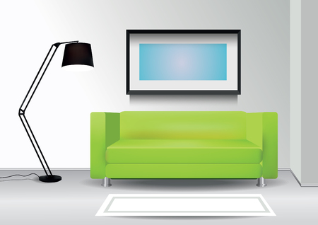 Realistic green sofa with floor lamp, carpet and photoframe on the wall. Interior vector illustrationのイラスト素材