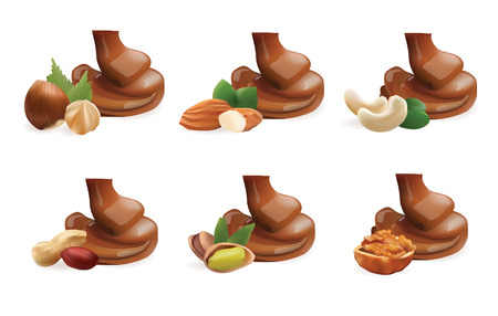 Vector Realistic Collection of Liquid Melted Pouring Chocolate and Different Nuts. Isolated on White Backgroundのイラスト素材