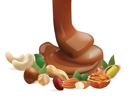 Vector Realistic Liquid Melted Pouring Chocolate and Different Nuts. Isolated on White Backgroundのイラスト素材