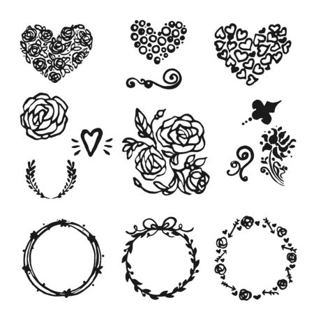 Vector Hand Drawn Set Of Round Frames, Flovers, Hearts, Wreaths. Isolated On white Backgroundのイラスト素材