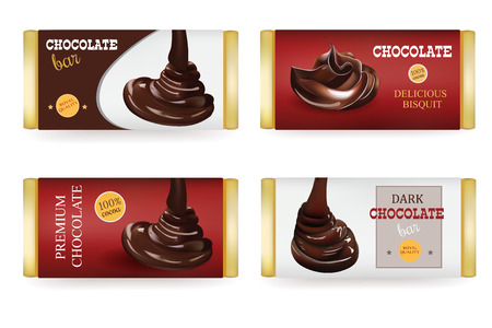 Chocolate bar Design Templates Isolated On White Background. Liquid Puoring Chocolate and Text on the Packagingのイラスト素材