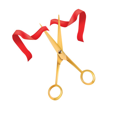 Golden scissors cut the red ribbon. The Symbol of the Grand Opening Event. Vector Object. Design Element.のイラスト素材