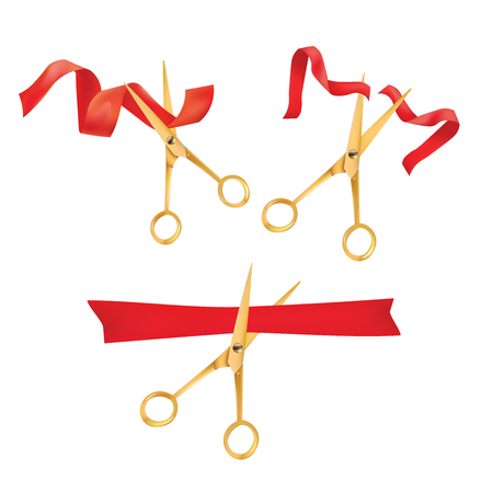 Golden scissors cut the red ribbon. The Symbol of the Grand Opening Event. Vector Object Set. Design Element.のイラスト素材