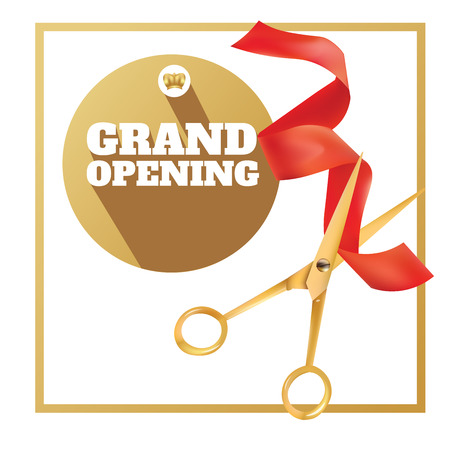 Golden scissors cut the red ribbon. The Symbol of the Grand Opening Event. Vector Object. Design Element. Title Grand Opening In Circle Gold Frame. Template for Card, Poster, Web, Invitation.のイラスト素材