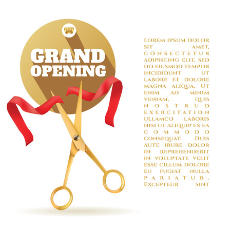 Golden scissors cut the red ribbon. The Symbol of the Grand Opening Event. Vector Object. Design Element. Title Grand Opening In Circle Gold Frame. Template for Card, Poster, Web, Invitation.のイラスト素材