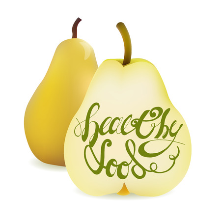 Realistic Yellow Pear and Half Sliced Pear with Lettering Calligraphy text Health Food. Vector Illustration Isolated On White Background.のイラスト素材
